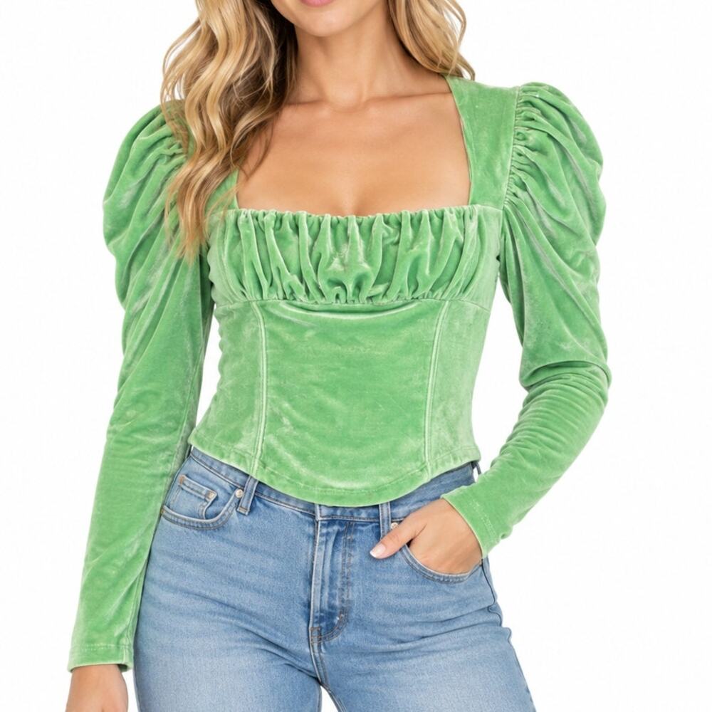 Free People Green Ruched Long Sleeve Top Small Boho